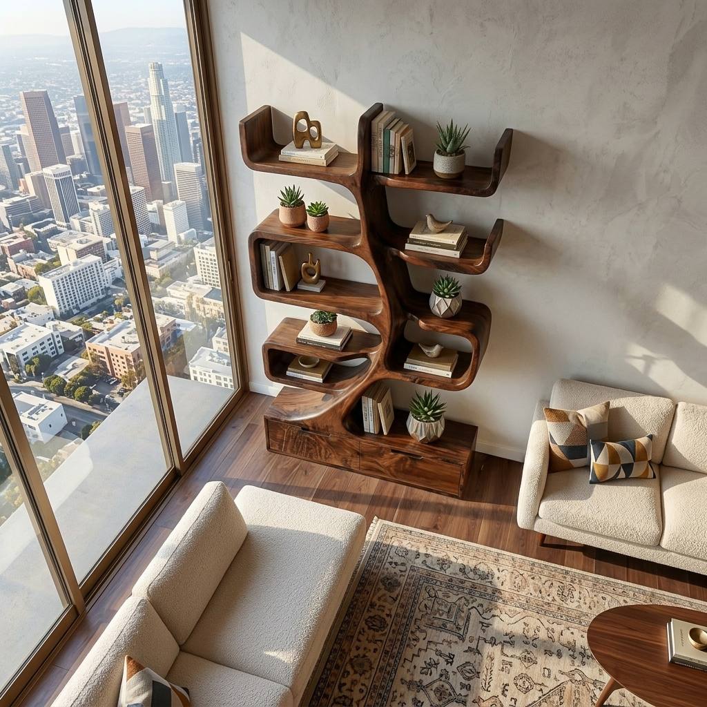 Wooden Bookcase With Tiers And Built-in Drawers For Home
