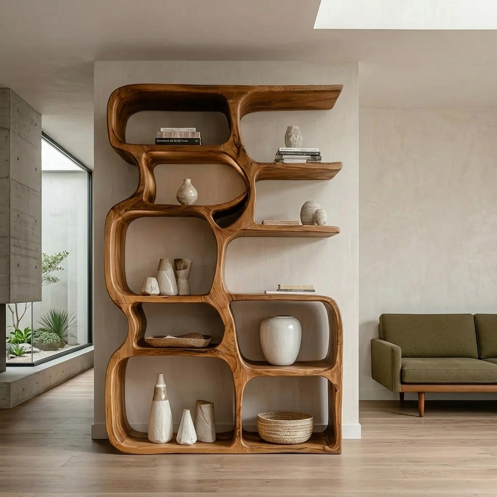 Minimalist Artistic Natural Wood Bookshelf For Living Room