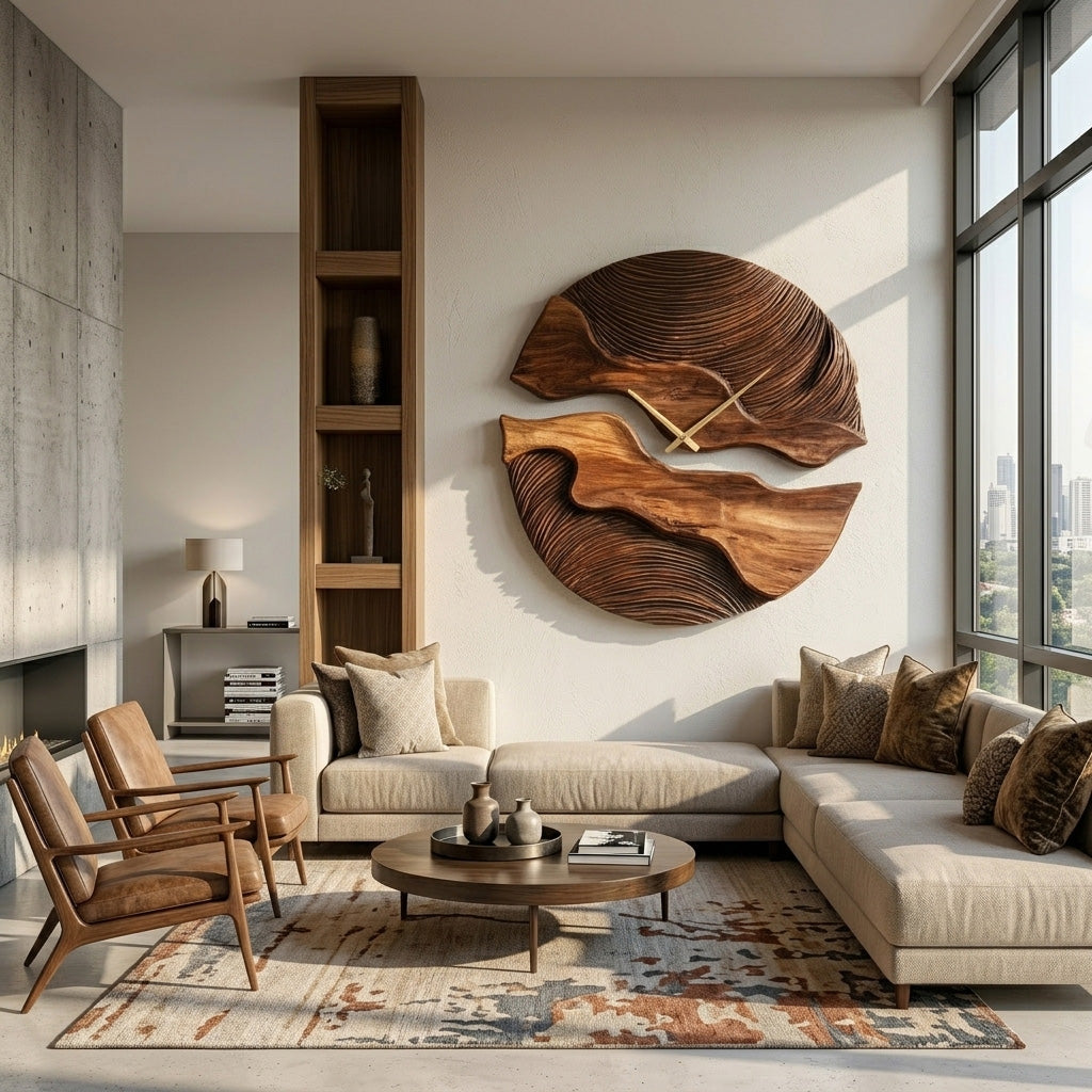 Organic Wooden Wall Clock With Unique Form For Living Room
