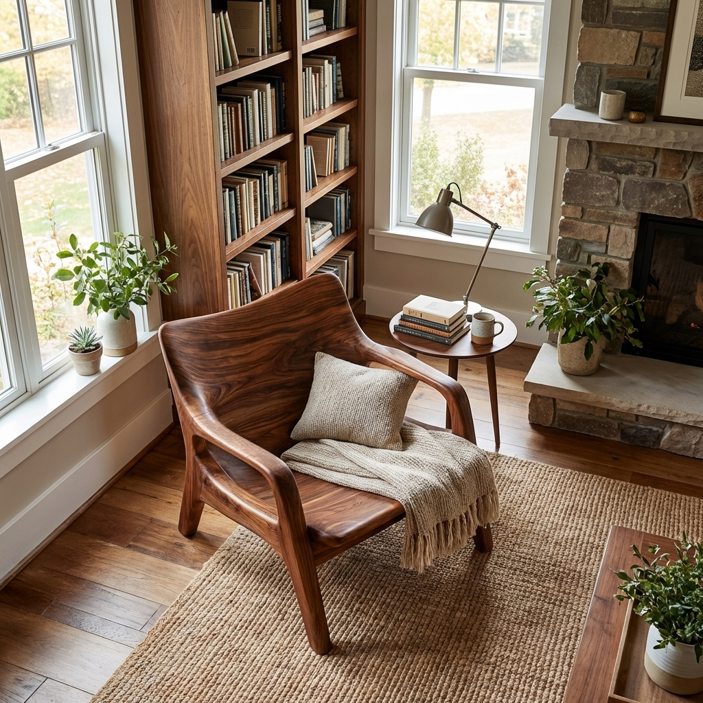 Modern Natural Wood Accent Chair Curved Arm Design For Home