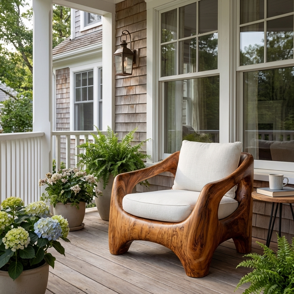 Wood Accent Chair With Sculptural Frame For Porch