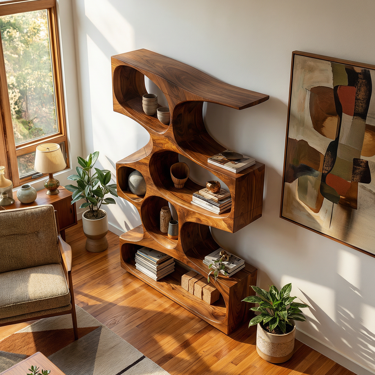 Mid Century Modern Wavy Bookshelf Bedroom Corner Storage