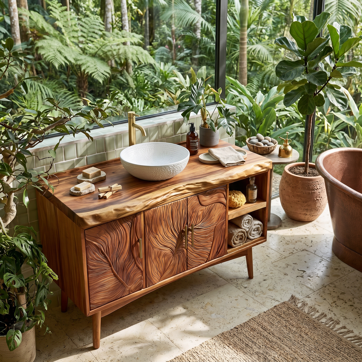 Urban Wooden Sink Vanity With Carved Doors Master Bathroom