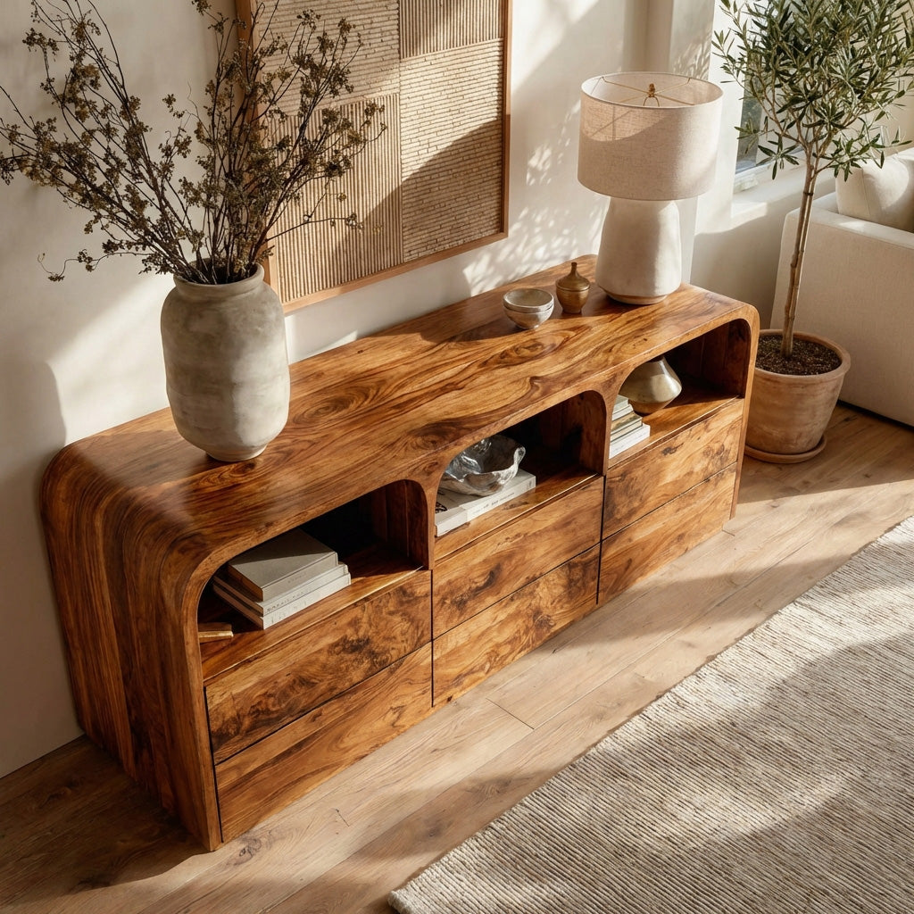 Modern Wood Sideboard With Curved Corners For Living Room