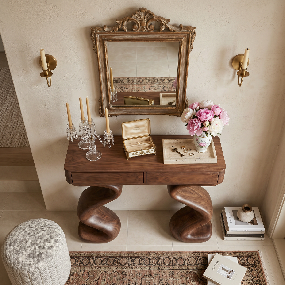 Contemporary Wood Console Table With Undulating Double Base For Home