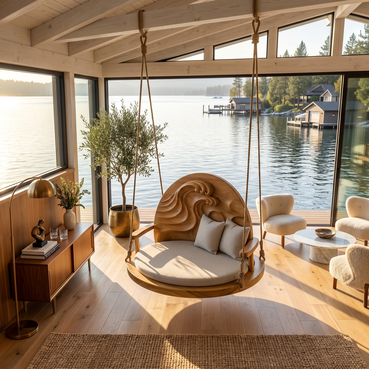 Mid Century Carved Back Indoor Swing Living Room Interior