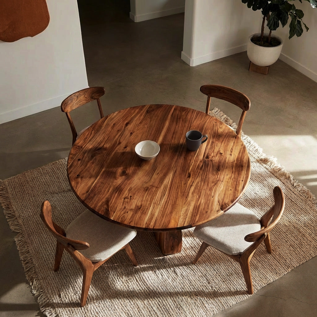 Wooden Round Dining Table With Artistic Base For Dining Room