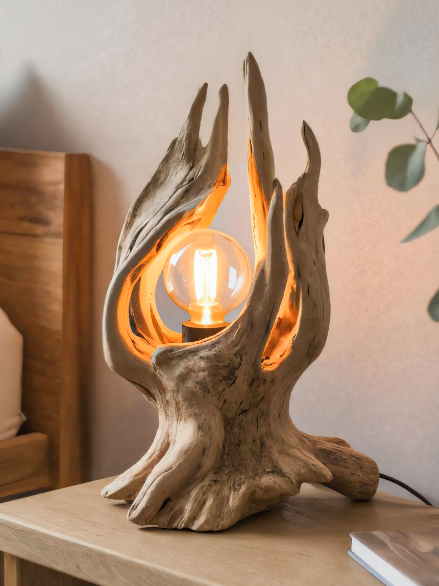 Rustic Driftwood Table Lamp With Exposed Bulb For Bedroom Or Living Room