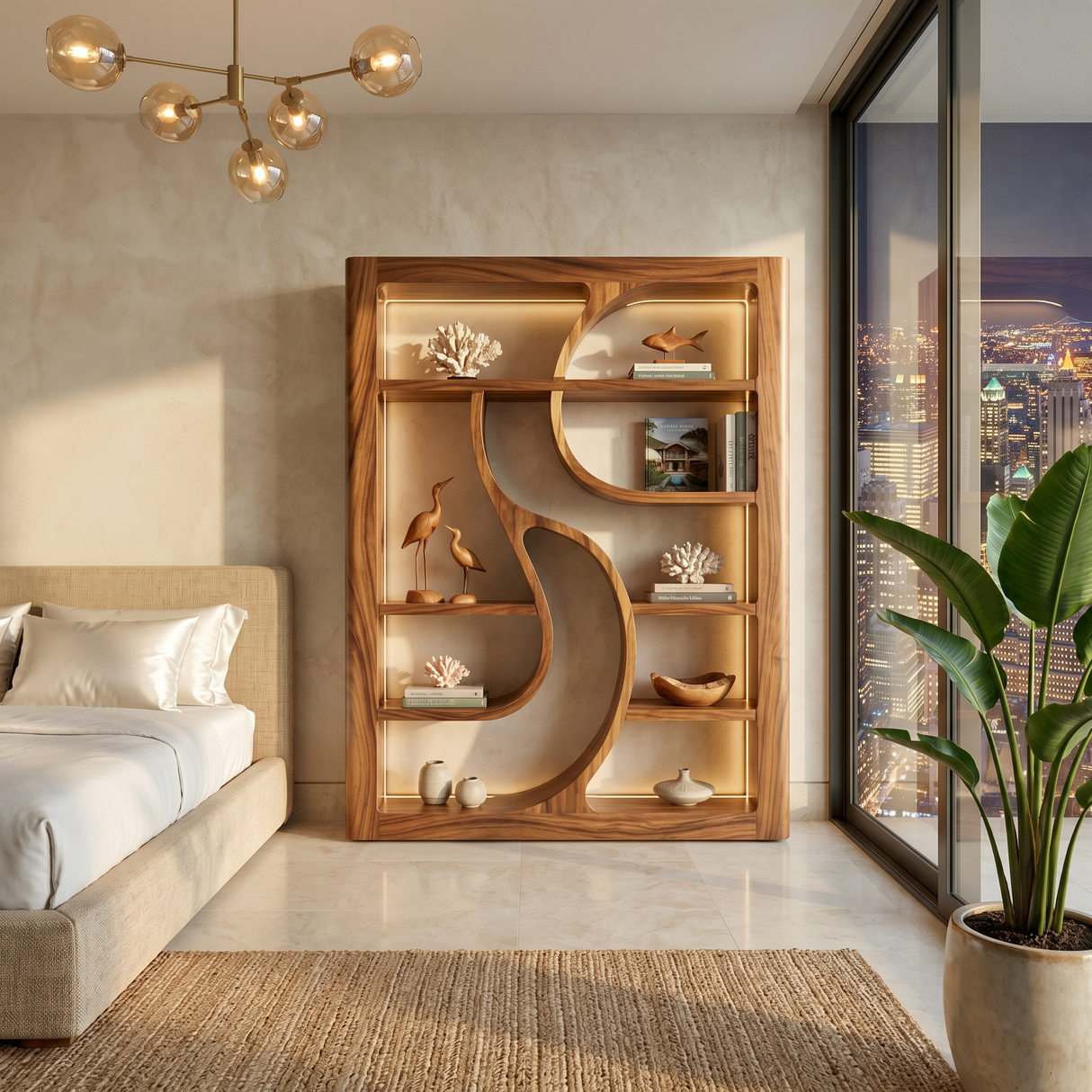 Luxury Wooden Bookshelf Featuring Ambient LED Shelving