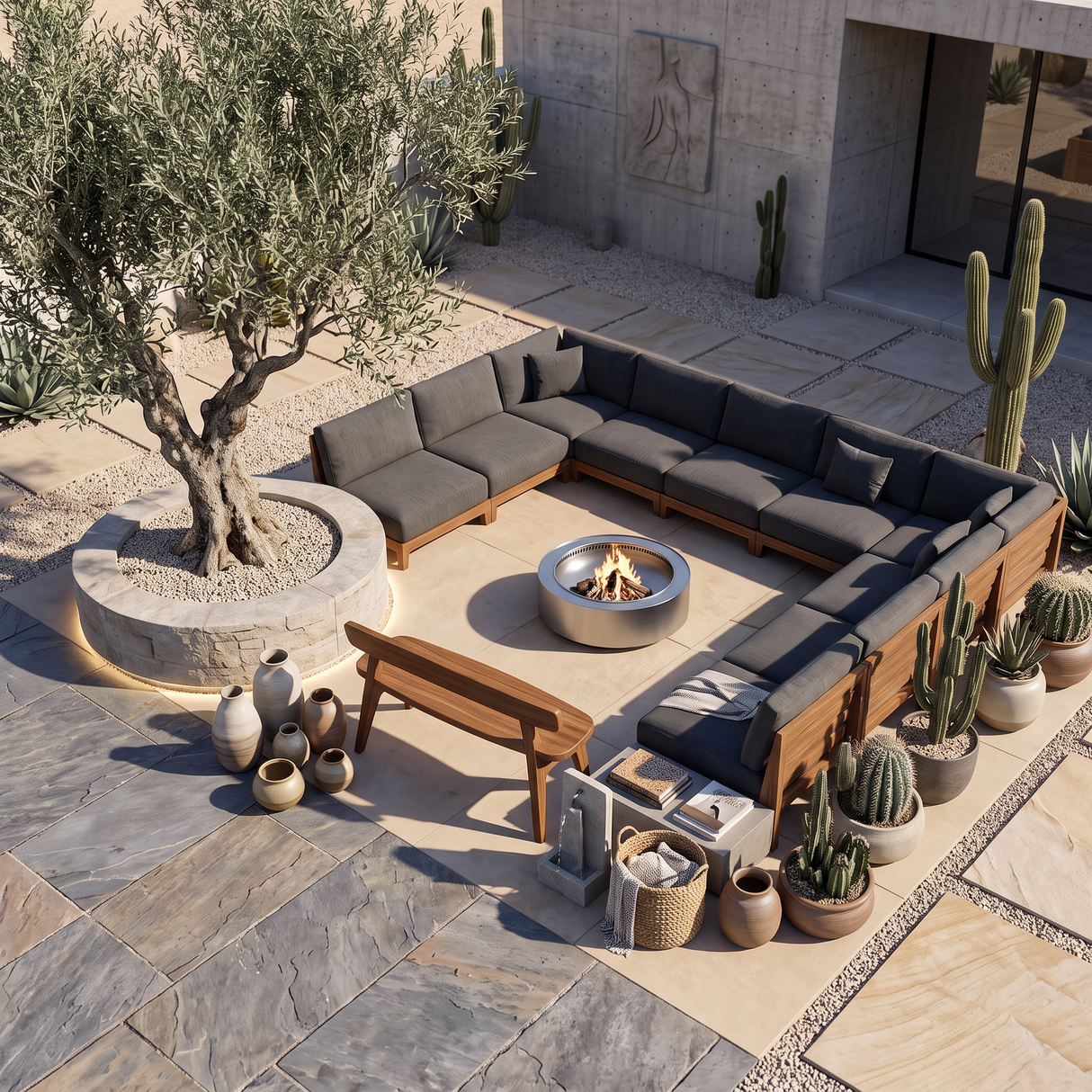 Organic Outdoor Bench With Curved Backrest For Patio