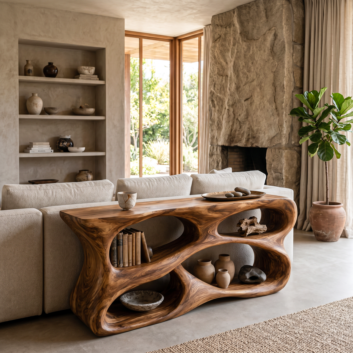 Handcrafted Console Table With Carved Storage Shelves For Contemporary Interior