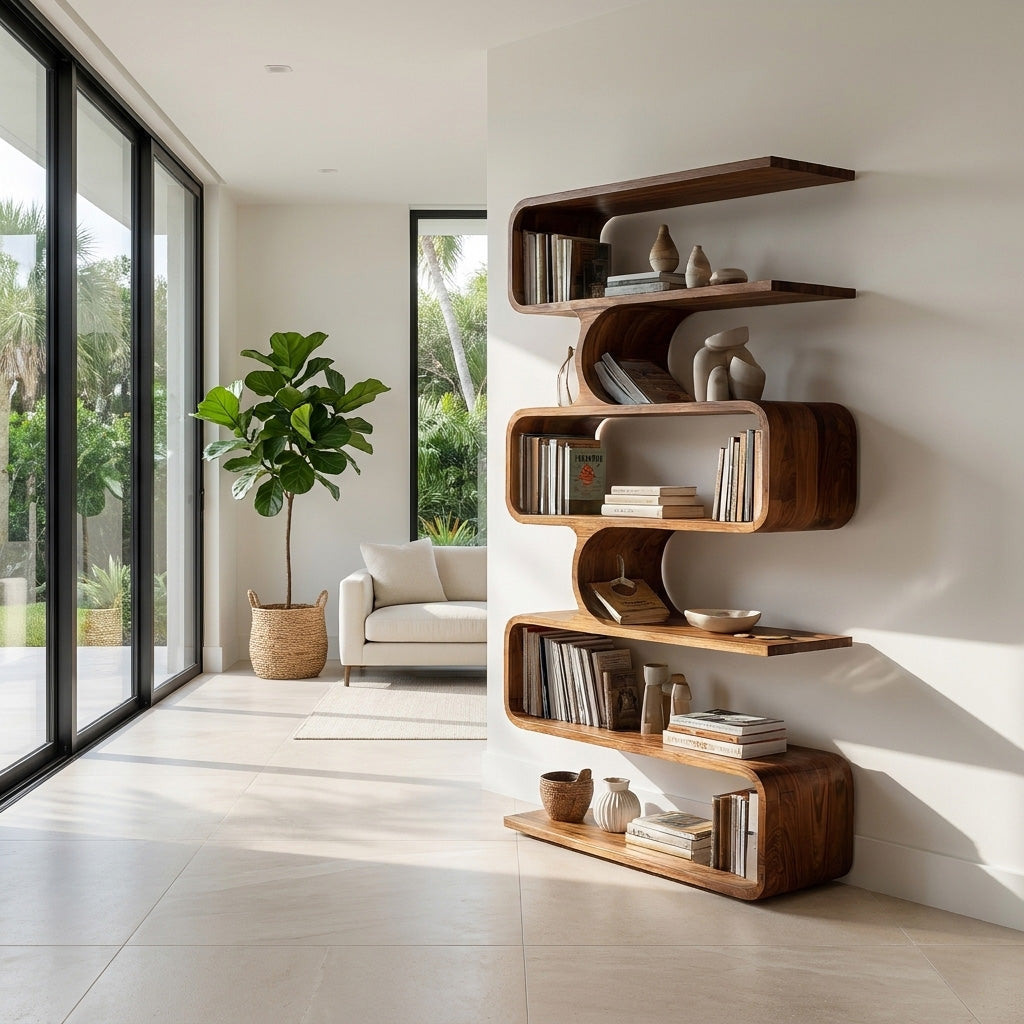 Handcrafted Wooden Bookshelf With Sculpture Edges For Living Room