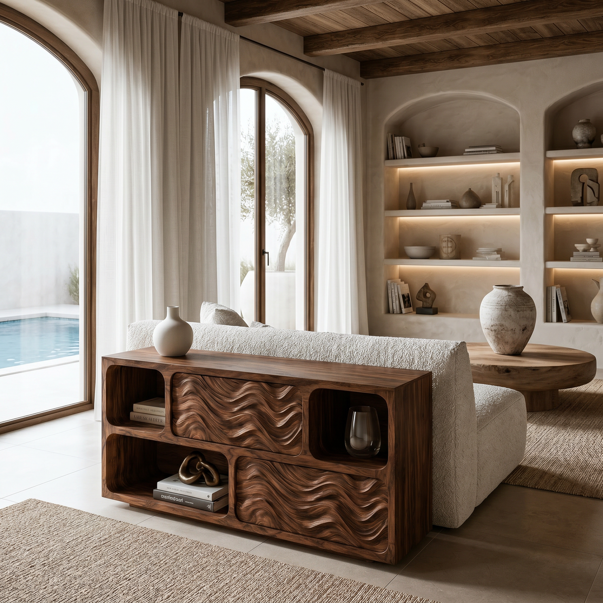 Modern Console Table With Carved Doors And Open Shelves For Entryway