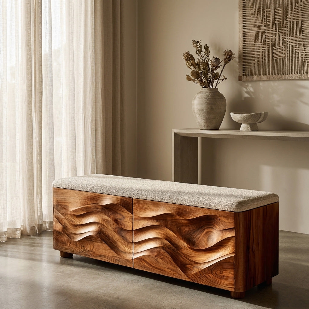 Organic Natural Wood Storage Bench For End Of Bed