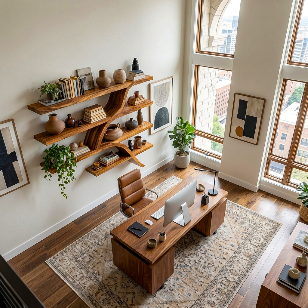 Handcrafted Wooden Wall Bookshelf With Organic Shape For Home