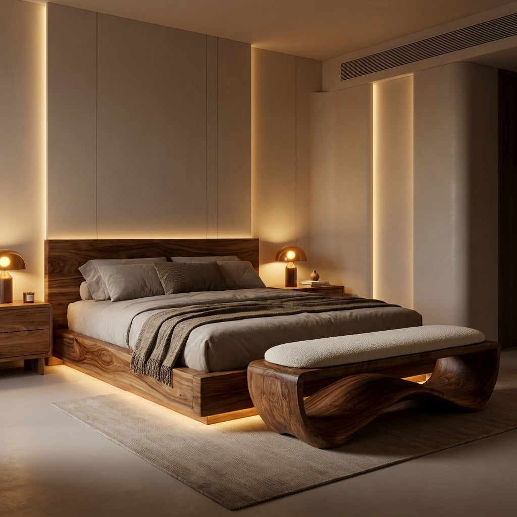 Minimalist Wood Bench With Flowing Base For Living Room Seating