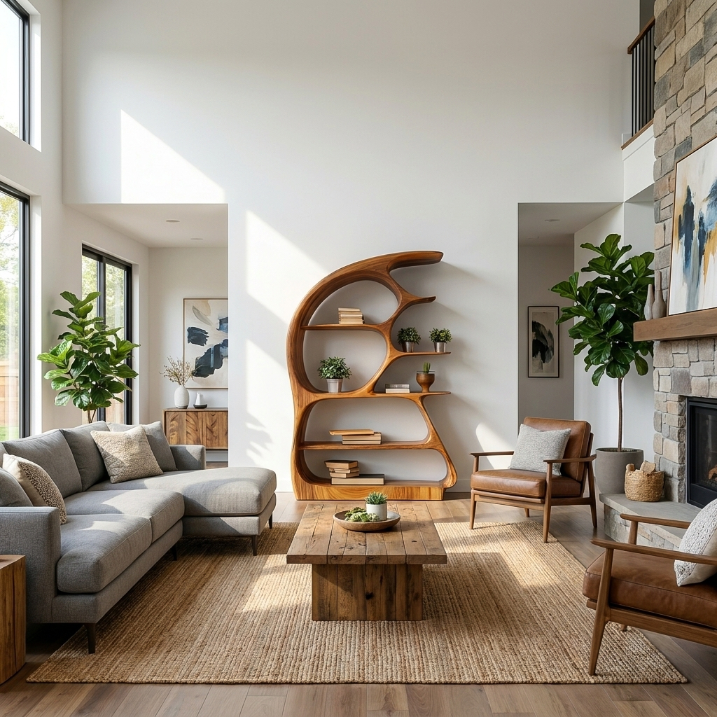 Contemporary Sculptural Wood Bookshelf For Living Room Decor