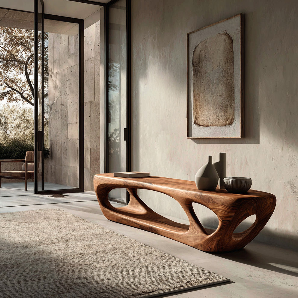 Organic Wood Bench With Hollow Base For Living Room