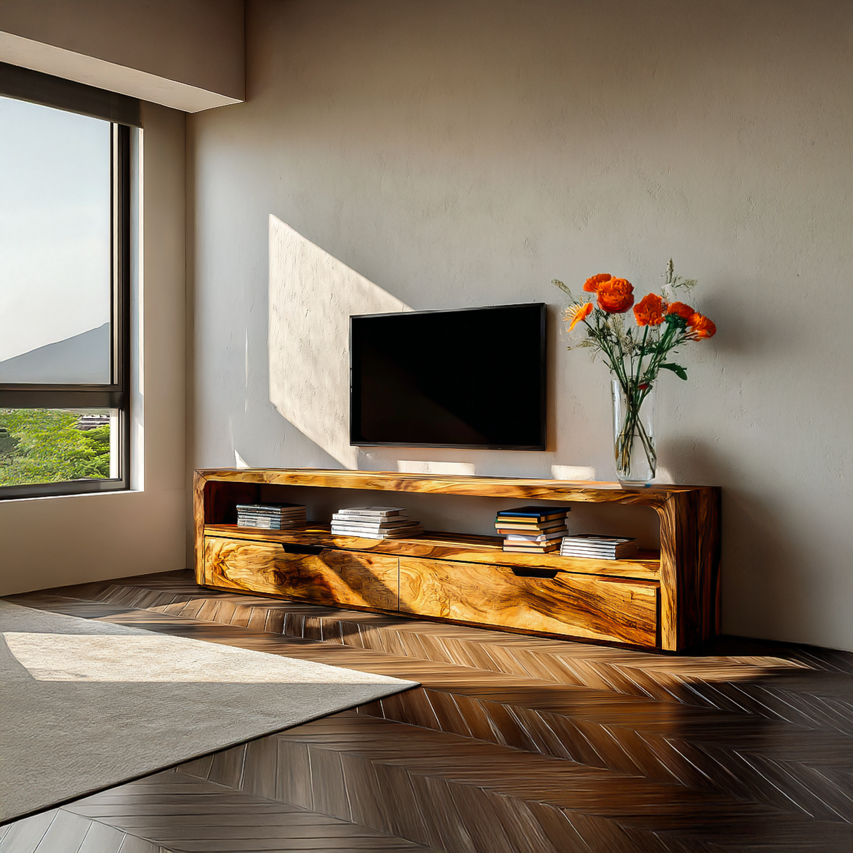 Rustic TV Stand With Shelves And Cabinet Doors For Living