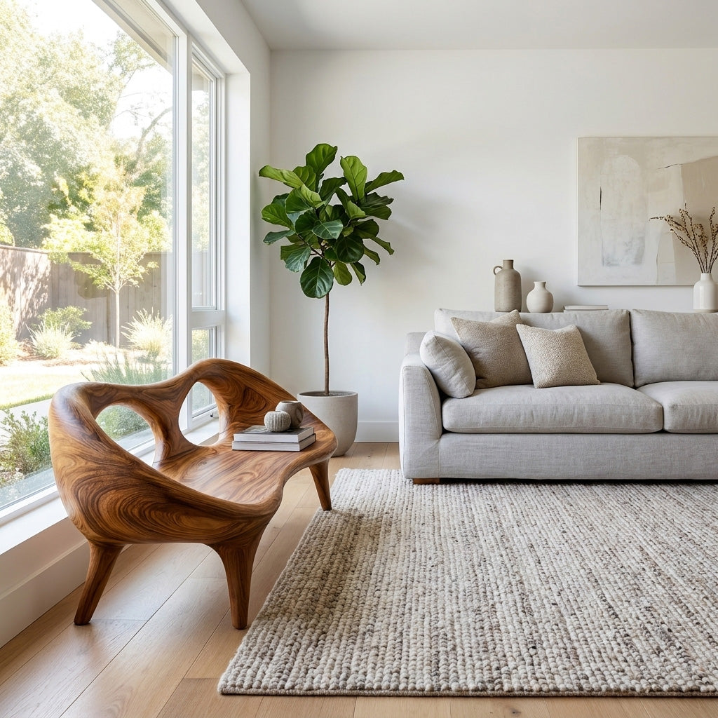 Contemporary Wood Bench With Hollowed-out Backrest For Living Room