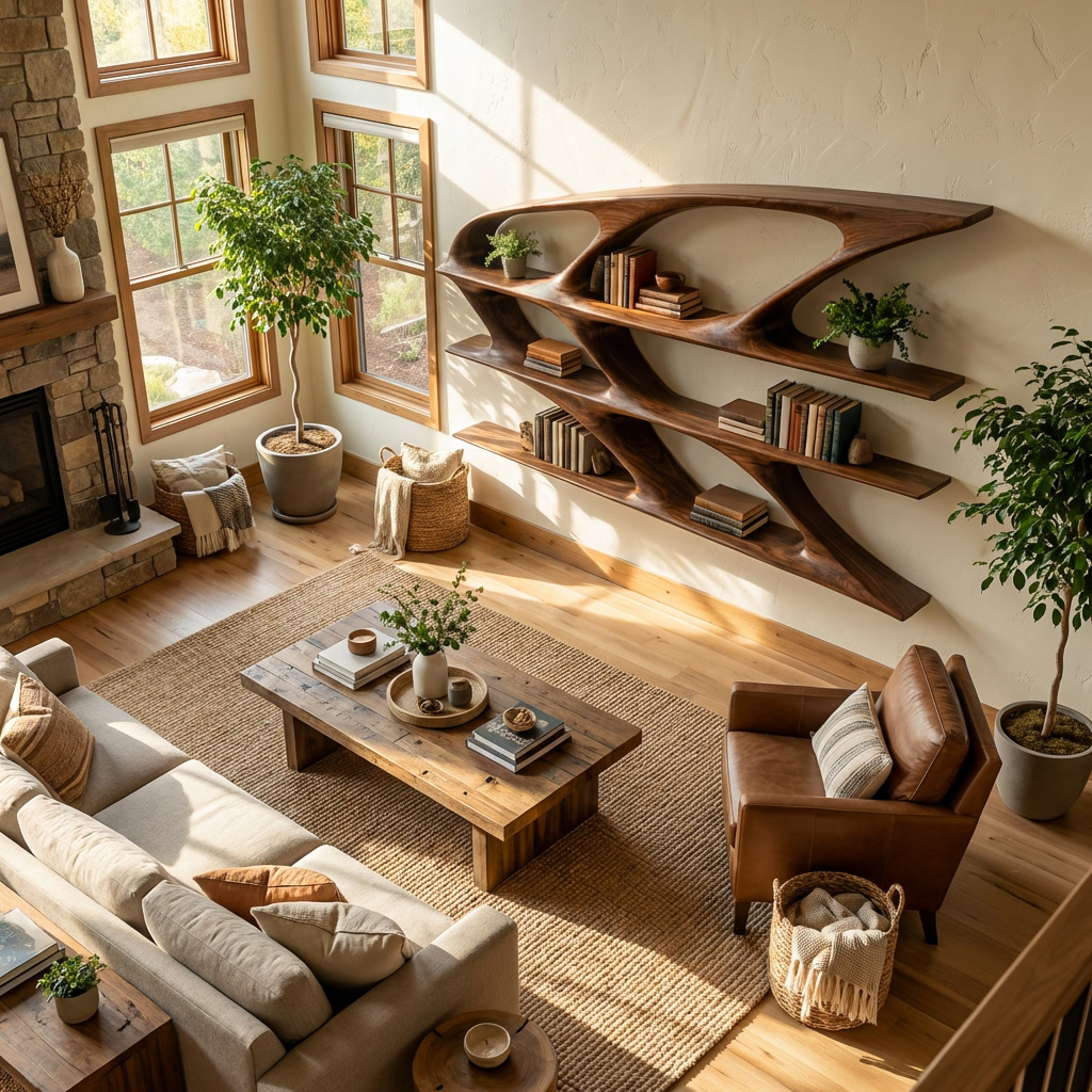 Organic Sculptural Wooden Bookshelf For Living Room Statement