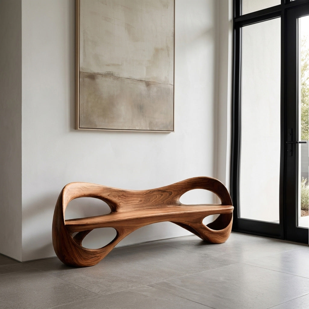 Modern Sculptural Natural Wood Curved Bench For Living Room
