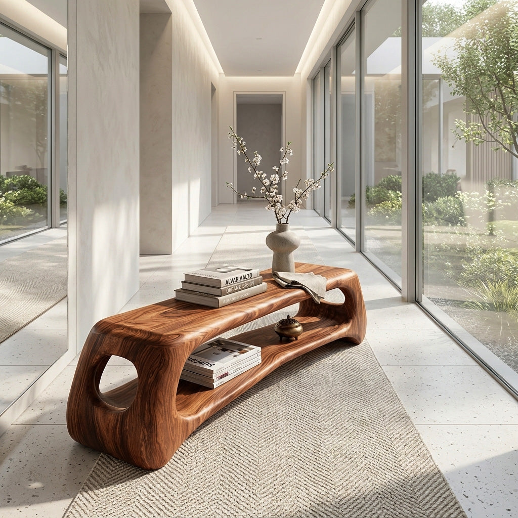 Minimal Natural Wood Gallery Bench For Living Room
