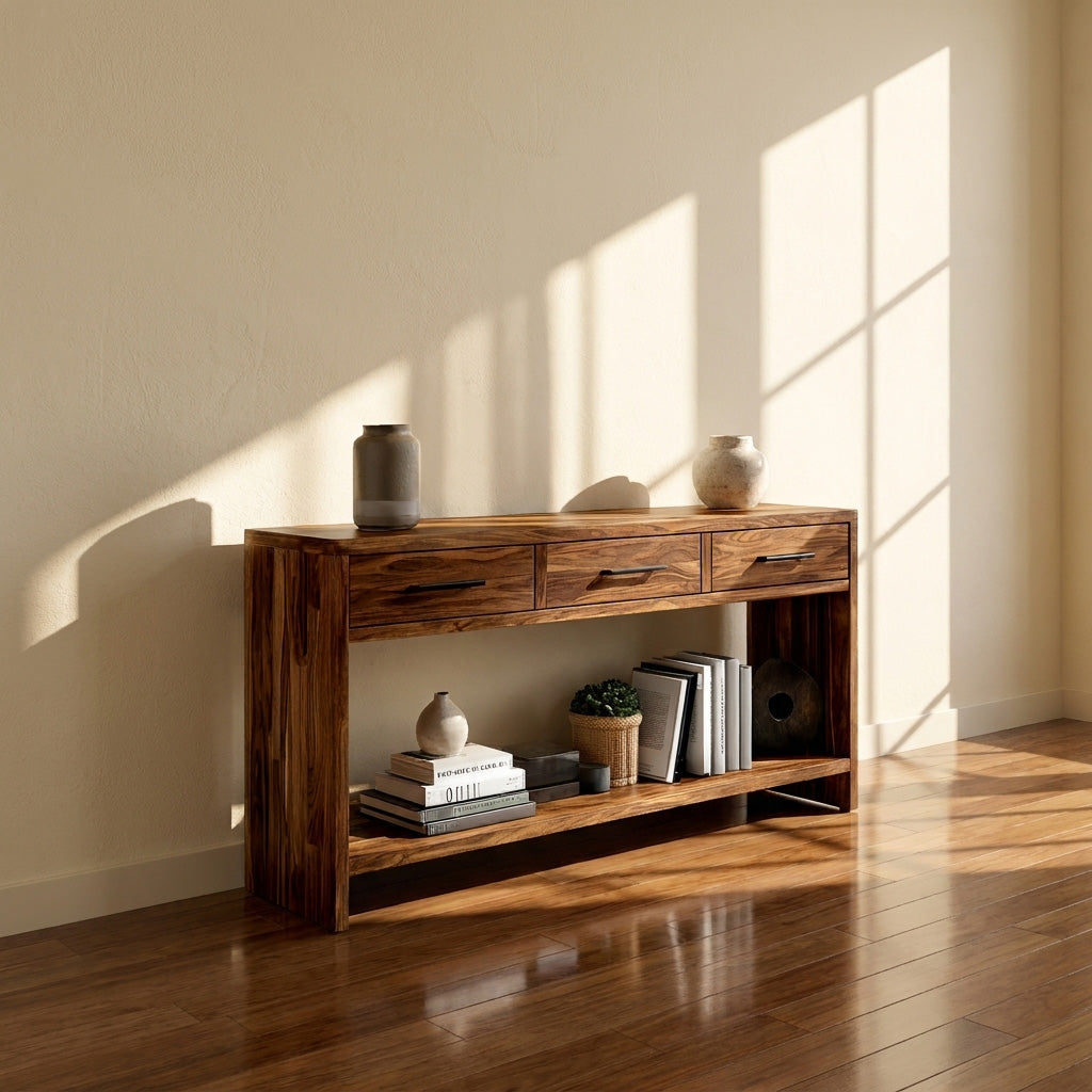 Handcrafted Wooden Console Table With Drawers For Living Room