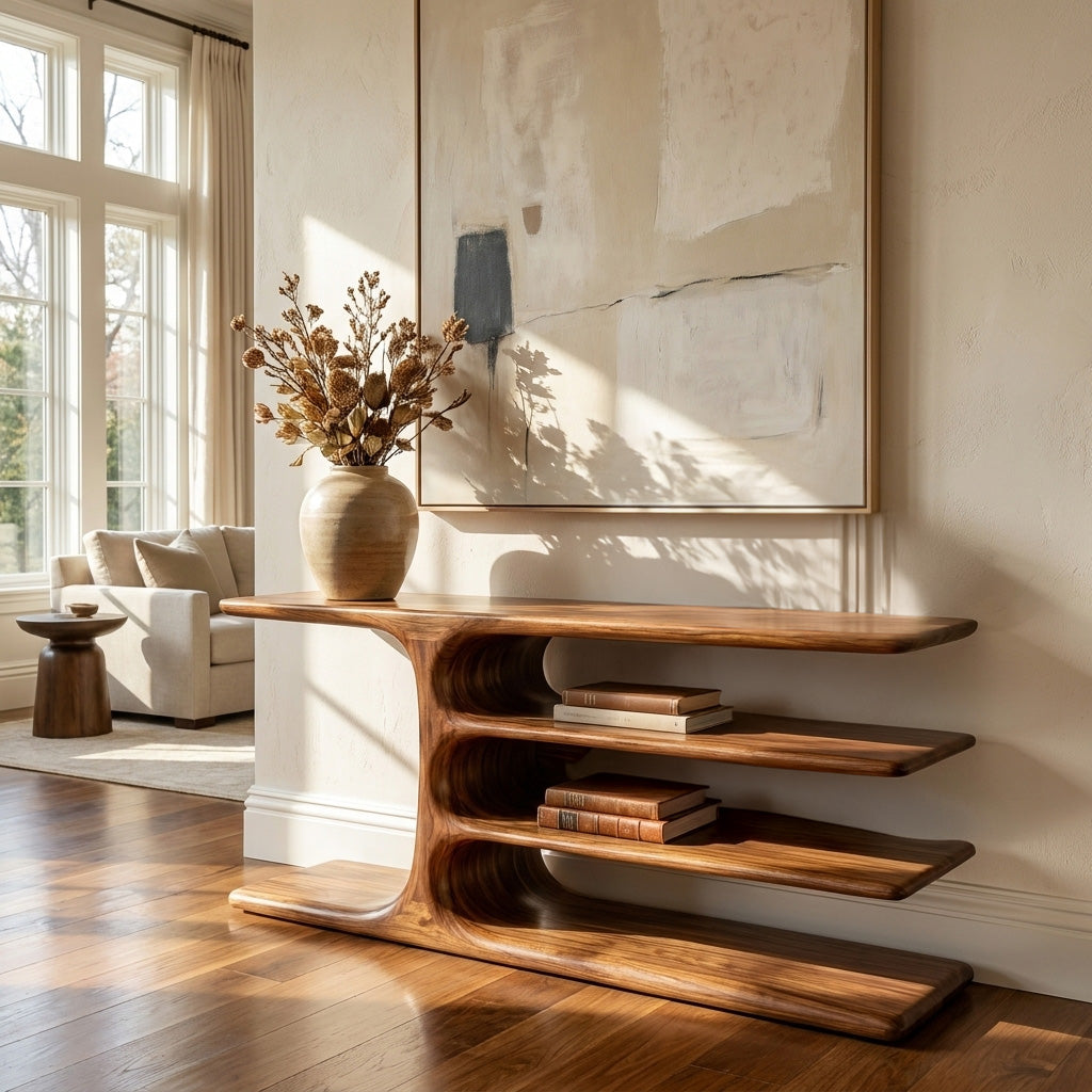 Organic Wooden Console Table With Layered Shelving For Hallway