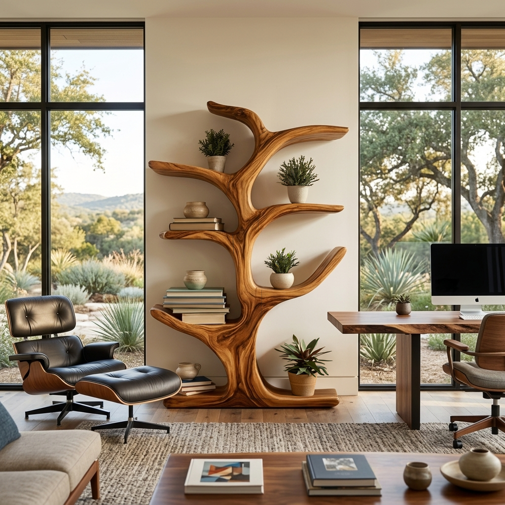 Contemporary Wood Bookshelf Sculptural Curved Design For Living Room