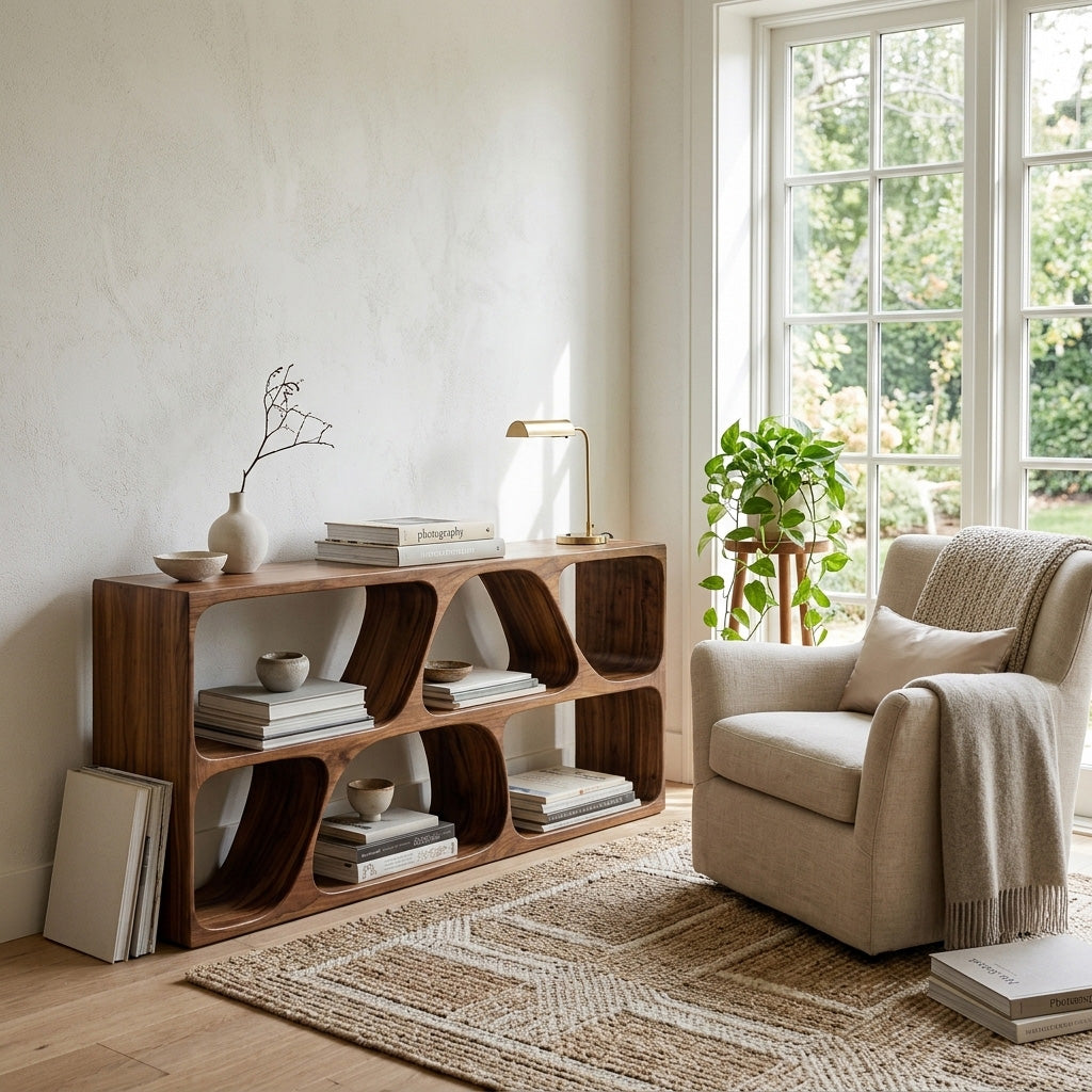 Organic Wood Console Table With Multiple Storage Compartments For Living