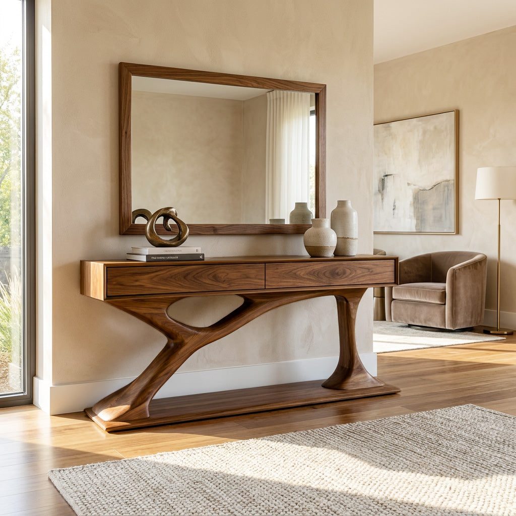 Contemporary Wooden Console Table With Sculptural Base For Living Room