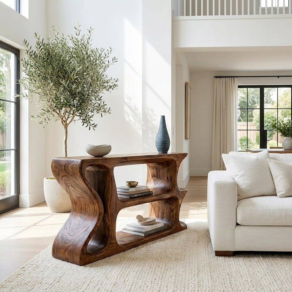 Organic Sculptural Wooden Console Table For Cozy Living Room