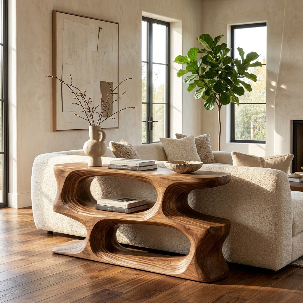 Minimal Sculptural Natural Wood Console Table For Living Room