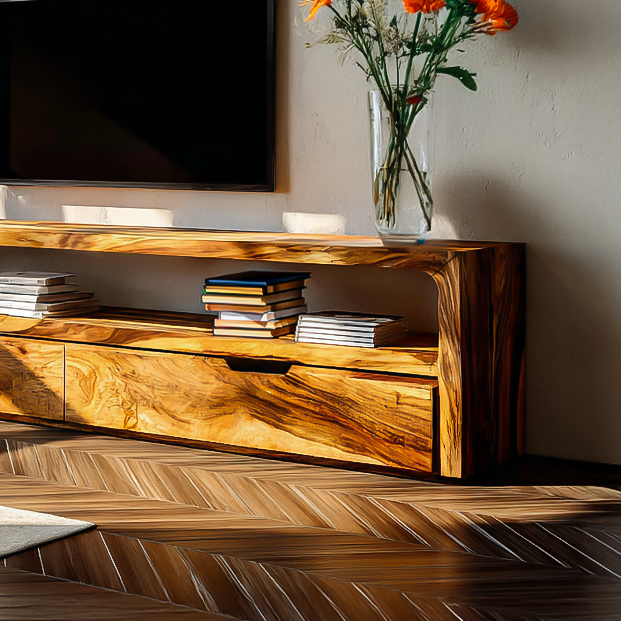 Rustic TV Stand With Shelves And Cabinet Doors For Living