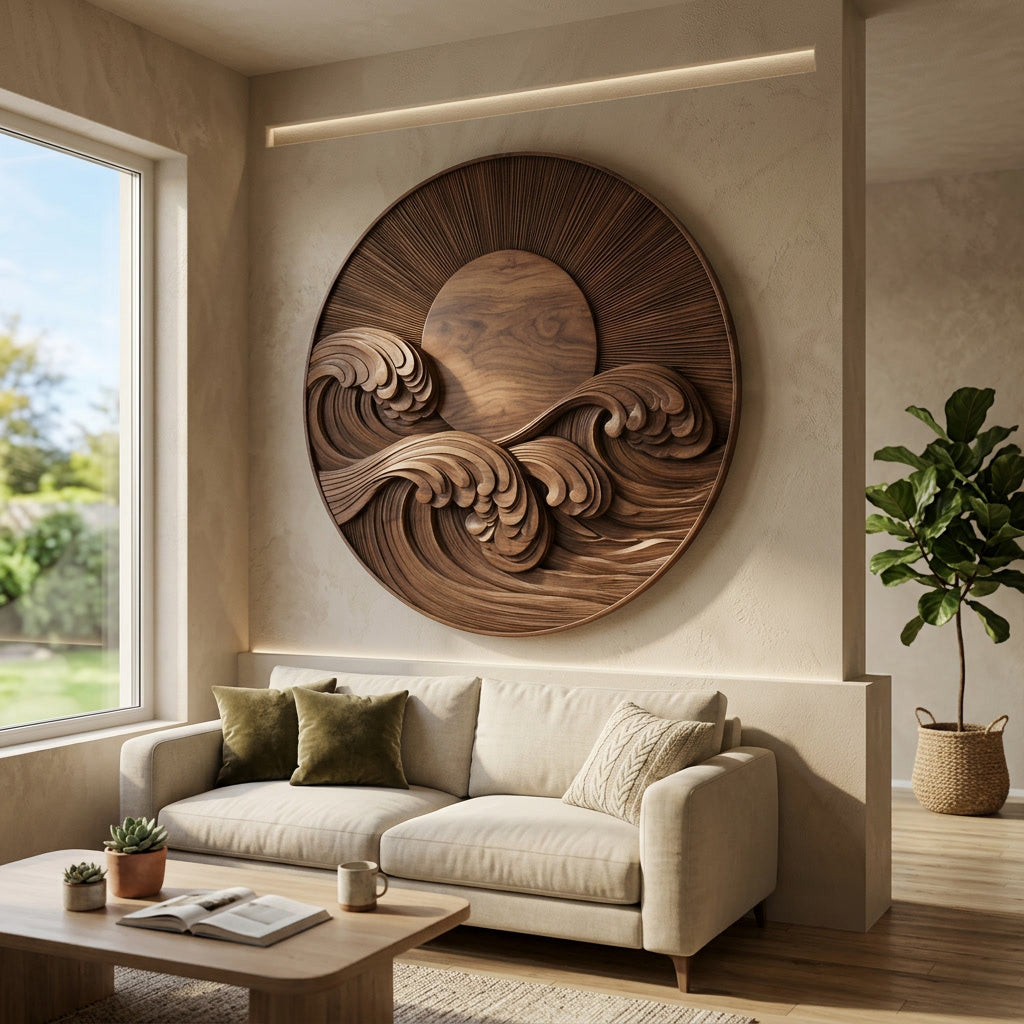 Modern Coastal Round Wave Wood Wall Art For Home