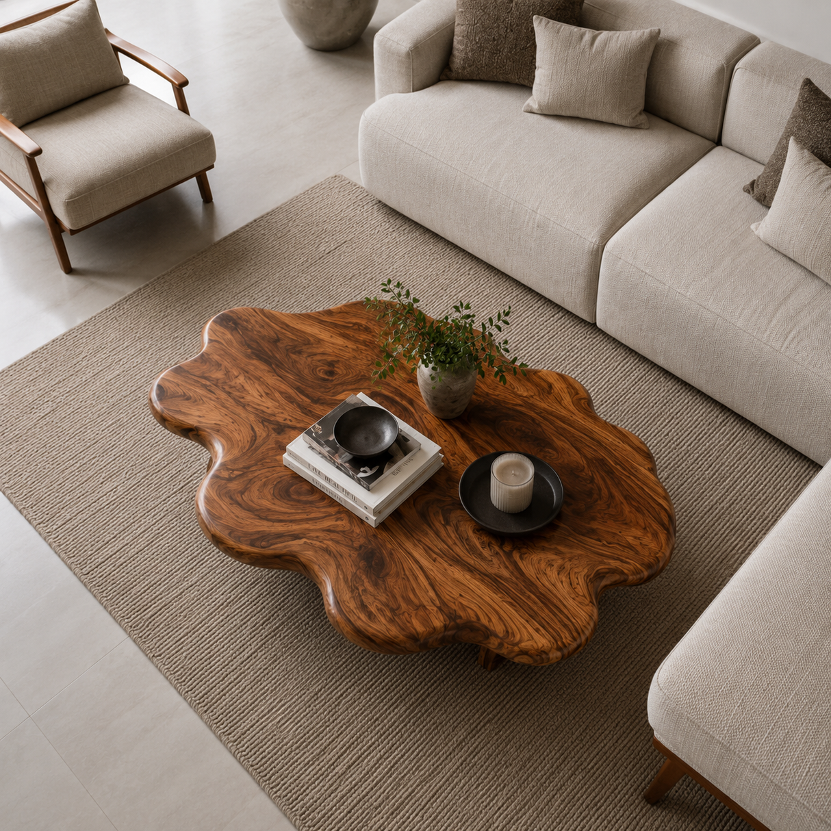 Wooden Coffee Table With Wave Tabletop For Luxury Living Room