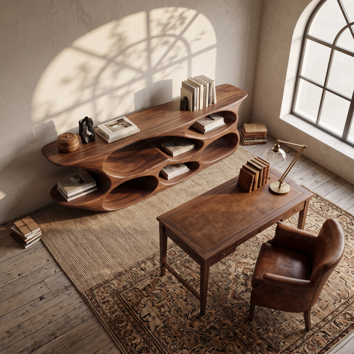 Sculptural Wood Bookshelf Curved Design For Living Room