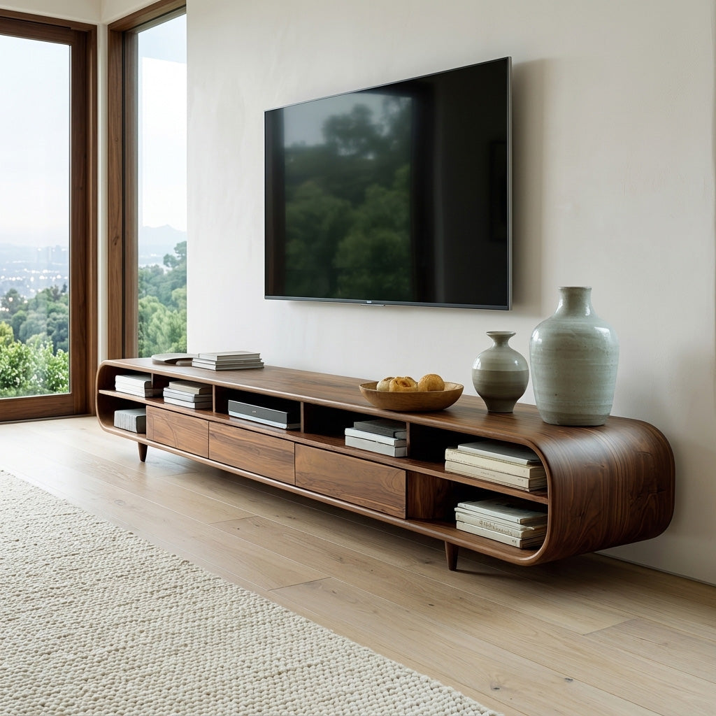Mid Century Wooden TV Cabinet With Multiple Compartments For Living