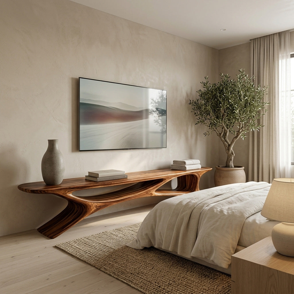 Handcrafted Sculptural Wooden TV Stand For Living Room
