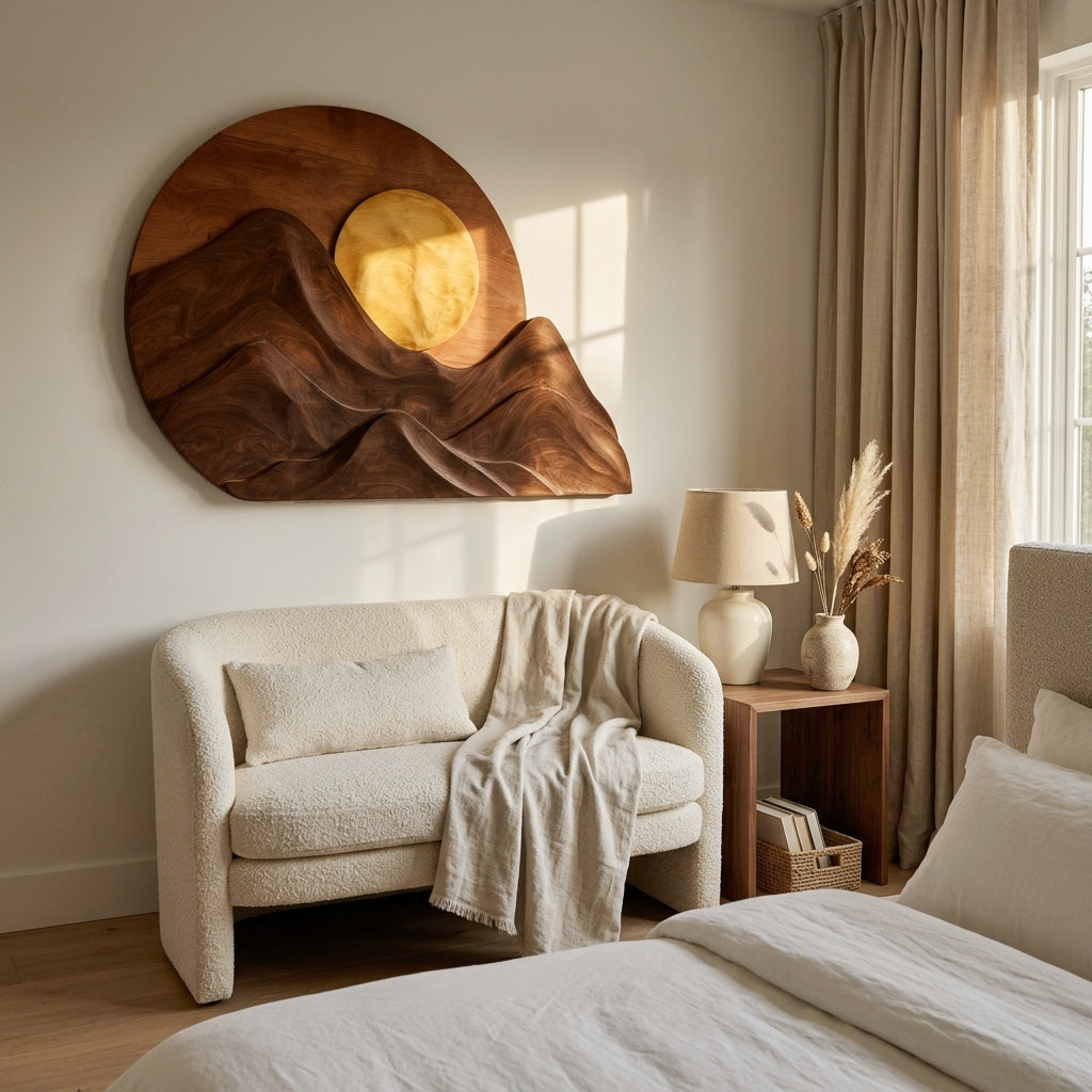 Handcrafted Mountain Sun Wood Wall Art For Living Room