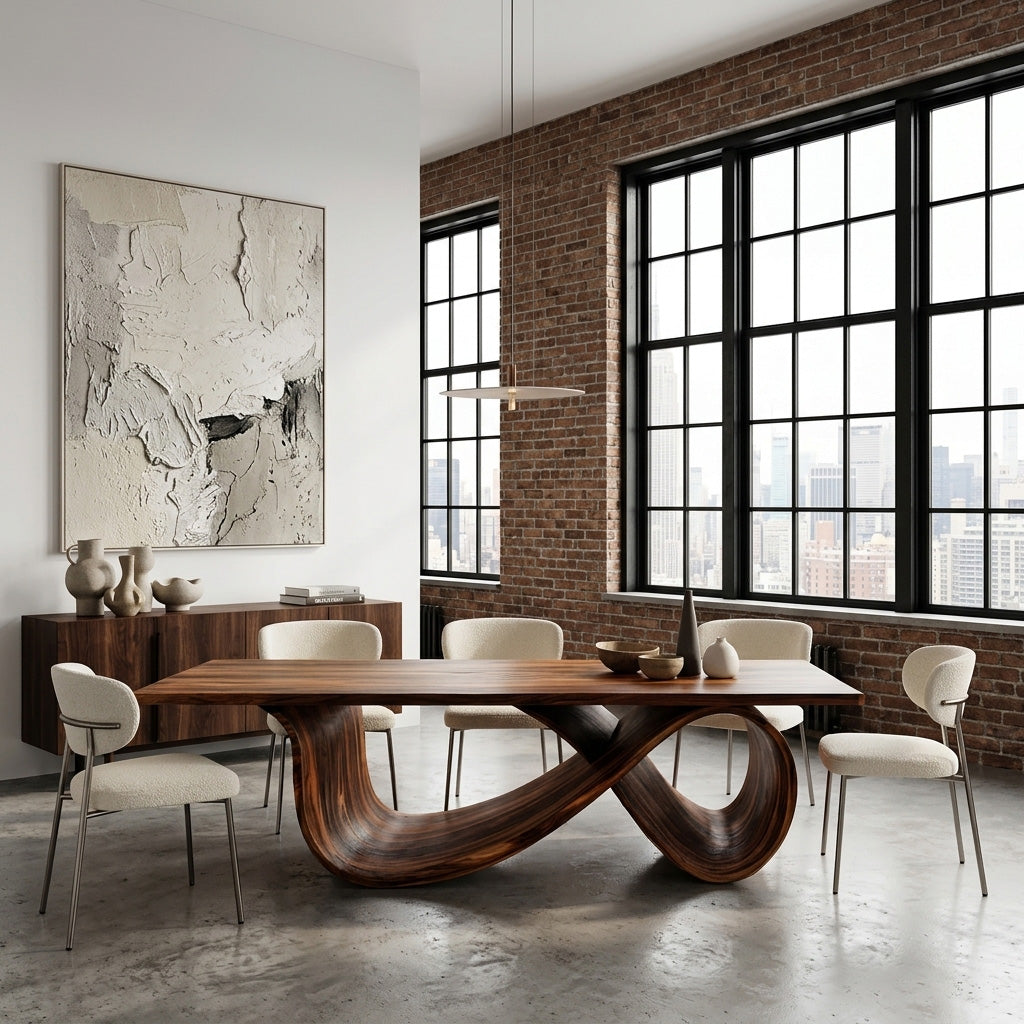 Organic Wood Dining Table With Infinity Loop Base For Kitchen