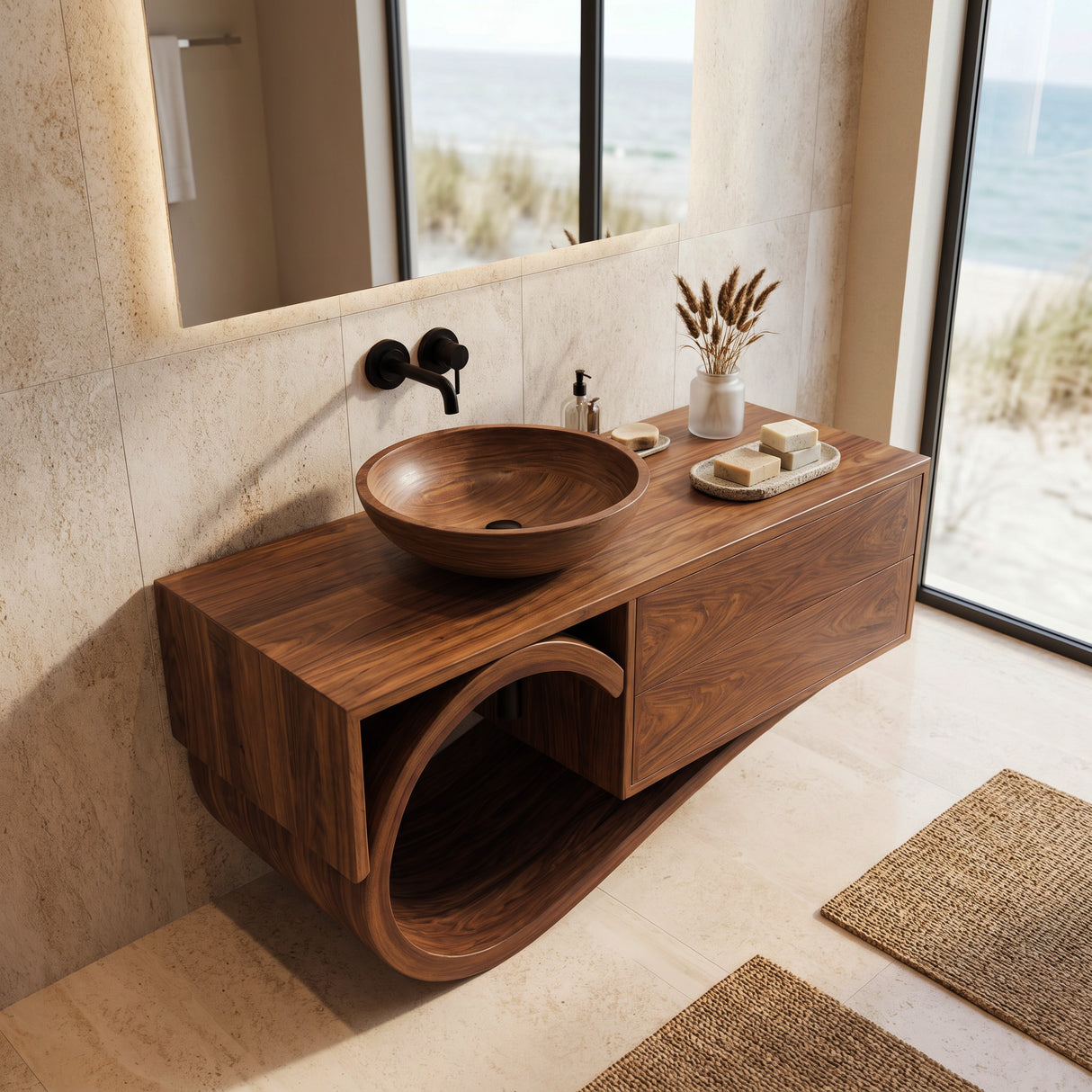 Modern Bathroom Vanity With Curved Loop Base For Bathroom Use