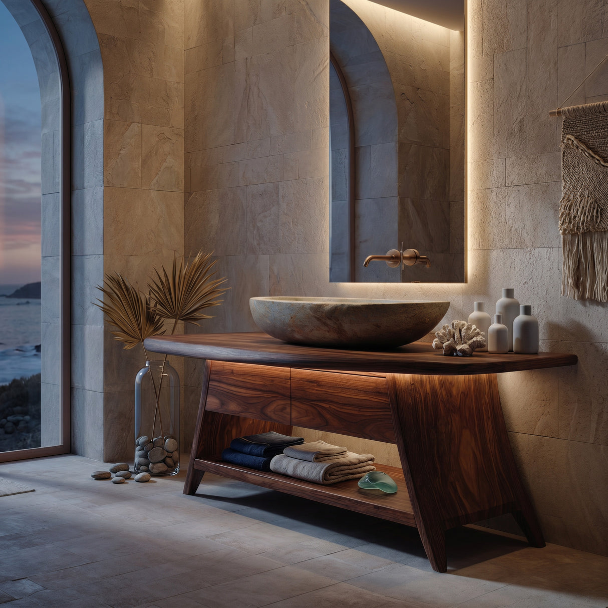 Organic Wood Bathroom Vanity With Open Storage For Bathroom