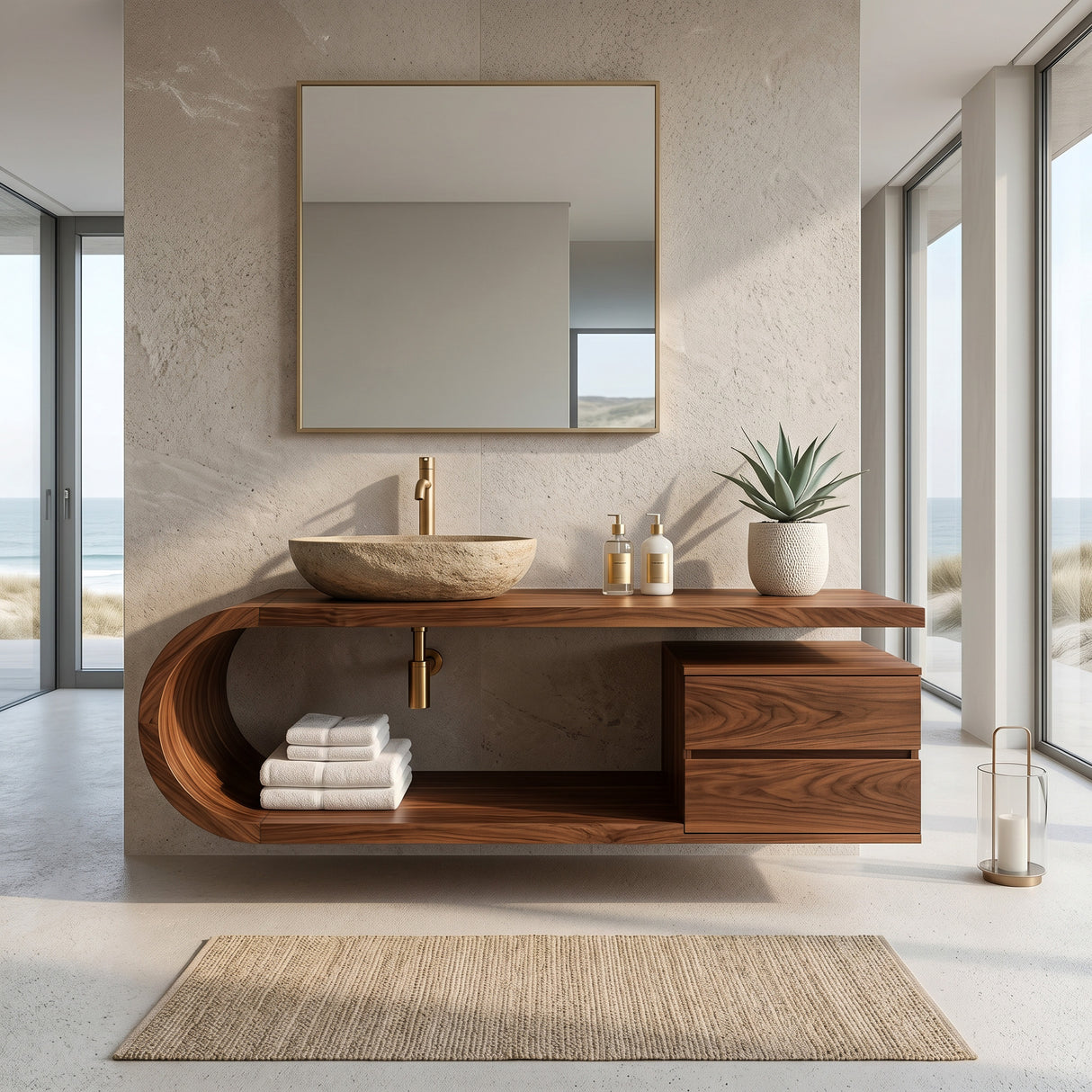 Organic Floating Bathroom Vanity With Rounded Edge For Bathroom