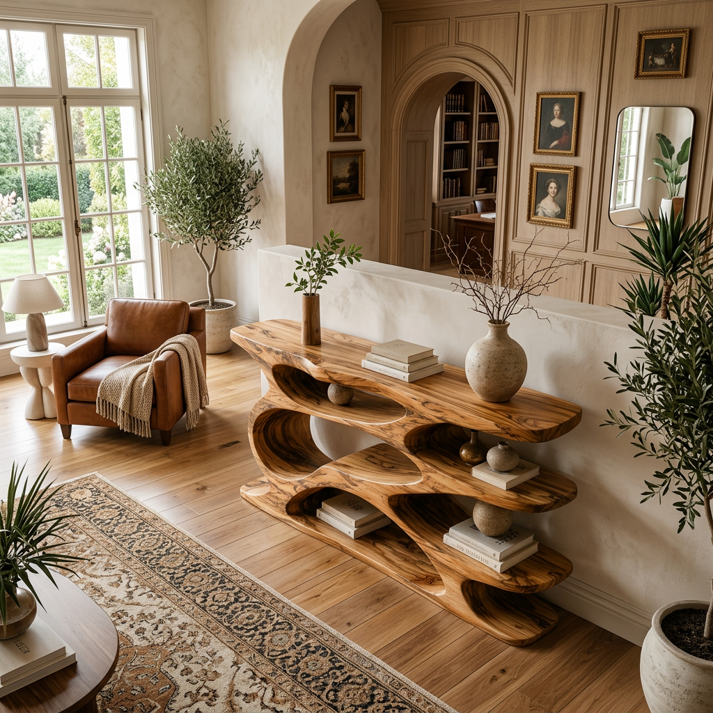 Rustic Wooden Console Table With Curved Open Storage For Living