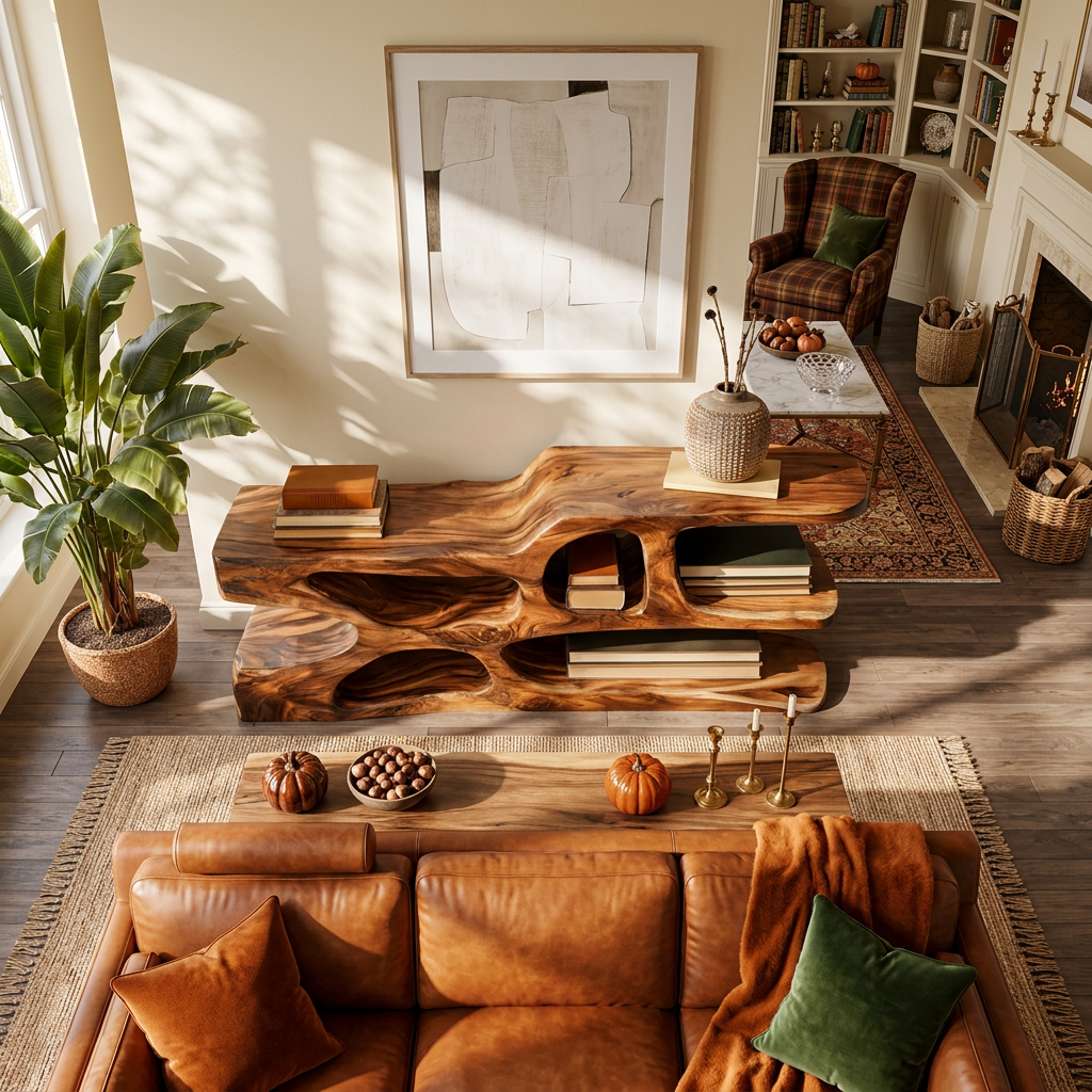 Modern Wooden Console Table With Flowing Open Storage For Home
