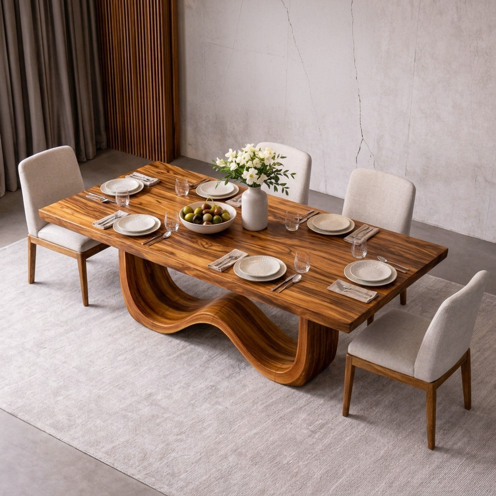 Mid Century Wooden Dining Table With Elegant Base For Kitchen