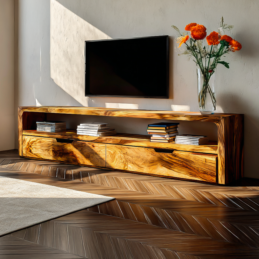 Rustic TV Stand With Shelves And Cabinet Doors For Living