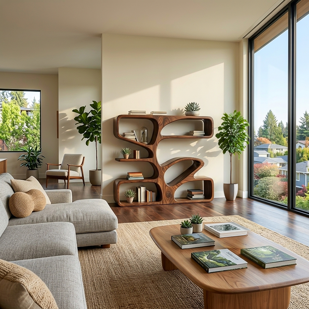 Organic Wooden Bookshelf With Sculpture Form For Home